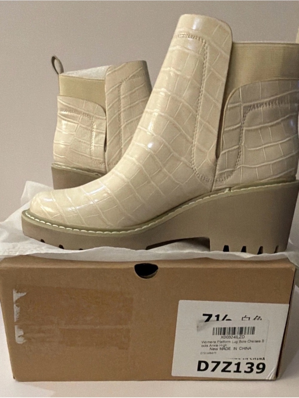 Cream Croc-Embossed Wedge Chelsea Boot